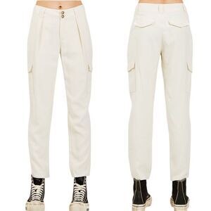 Paige Becca Cargo Pant Womens 6 Beige Pleated Cropped High Rise Twill Relaxed